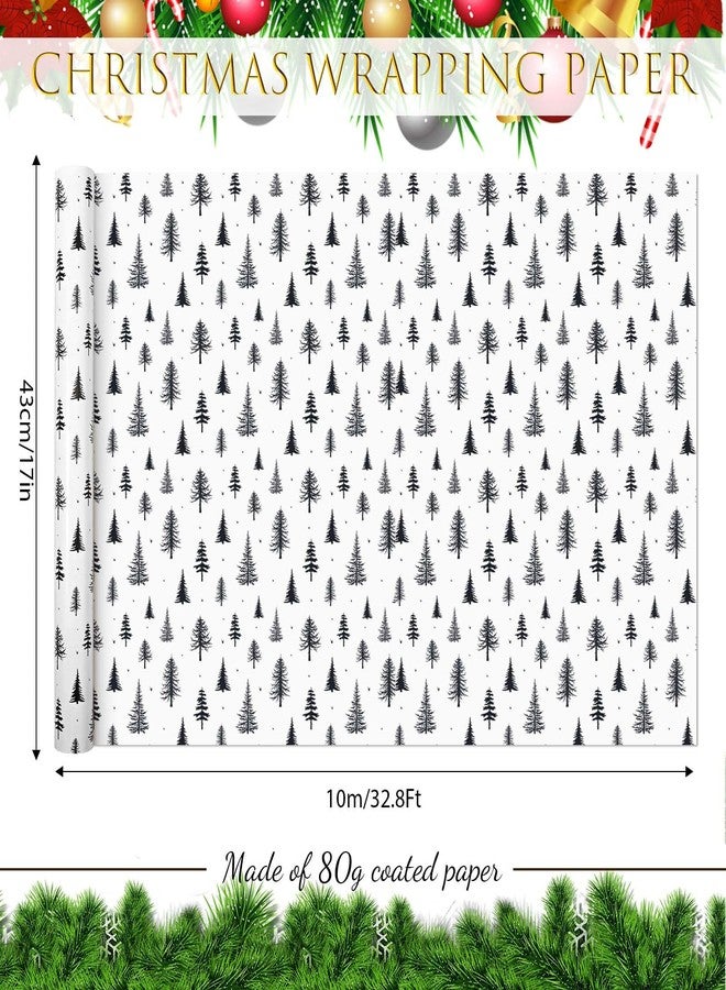 Bolsome Christmas Tree Wrapping Paper -Mini Roll- 17 Inch x 32.8Ft Black White Xmas Tree Patterned Gift Wrap Paper for Winter Holidays Christmas Party DIY Craft Supplies - Image 2